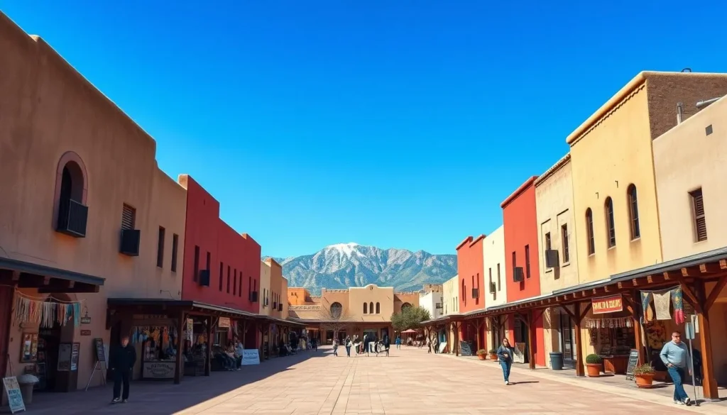 Historic Santa Fe Plaza with adobe architecture and mountain backdrop