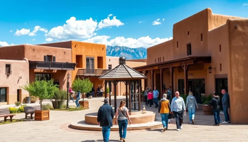 Historic Taos Plaza with traditional adobe architecture and mountain backdrop Historic Taos Plaza with traditional adobe architecture and mountain backdrop