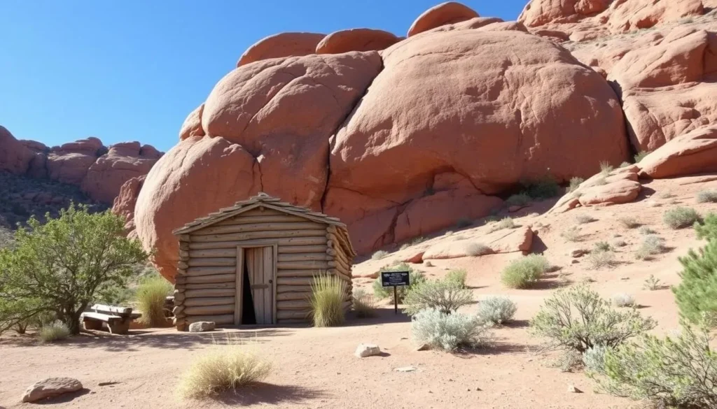 Historic Walker Cabin in Escalante Canyon with red rock formations in background