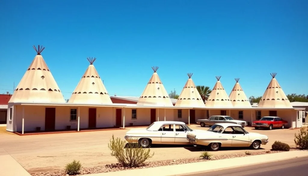 Historic Wigwam Motel in Holbrook with classic teepee-shaped rooms and vintage cars parked outside Historic Wigwam Motel in Holbrook with classic teepee-shaped rooms and vintage cars parked outside