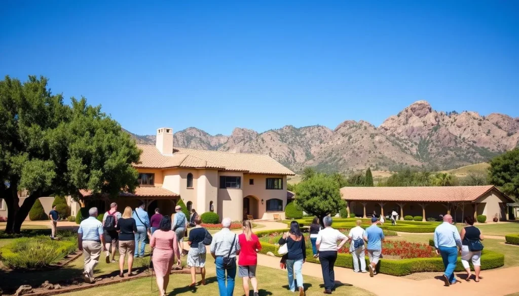 Historic Will Rogers Ranch House with visitors touring the grounds