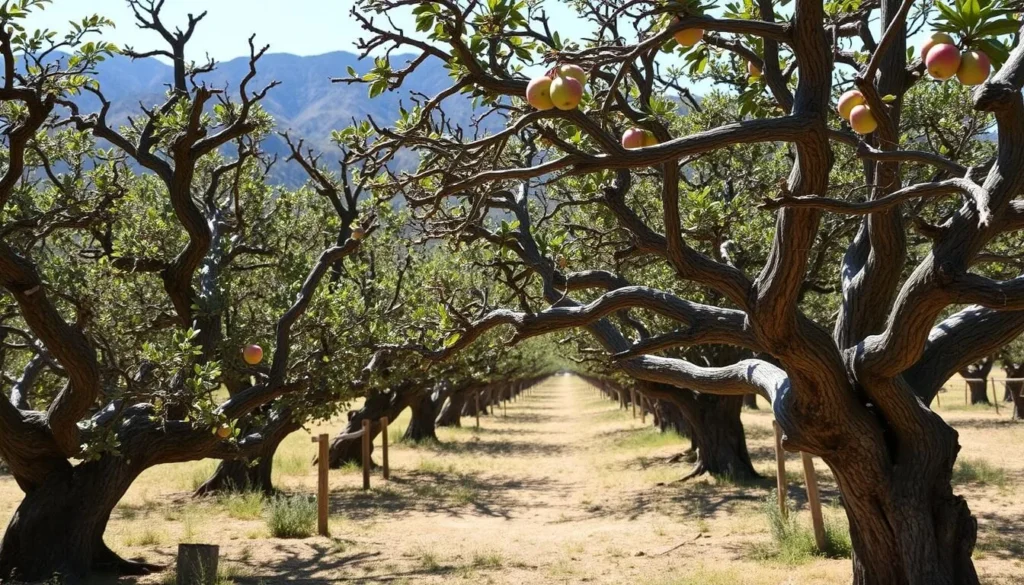 Historic apple orchard near Manzano Mountains State Park with old trees