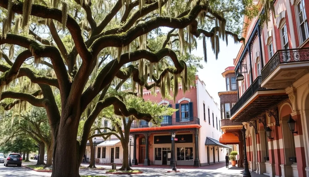 Historic architecture in downtown Lake Charles with oak trees and charming buildings