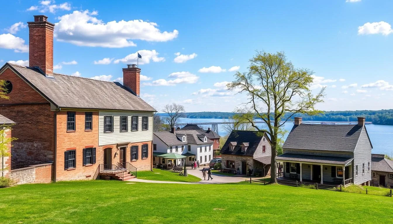 Historic buildings at Washington Crossing Historic Park with the Delaware River in the background
