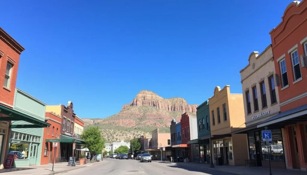 Historic buildings in Jerome, Arizona with mountain backdrop