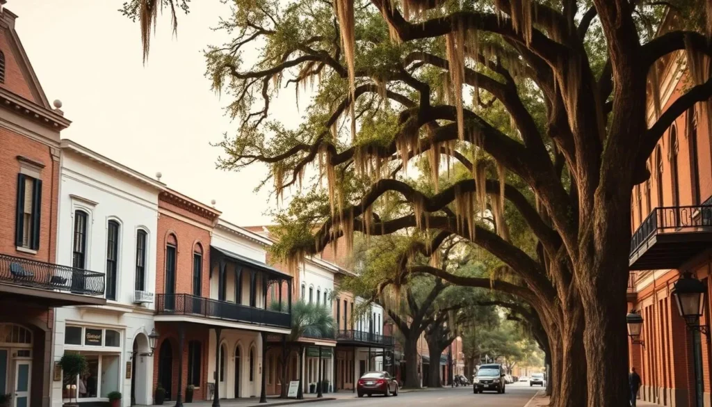 Historic buildings in downtown St. Martinville with Cajun architecture and oak trees