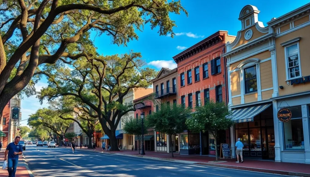 Historic downtown Abbeville Louisiana with charming architecture and oak-lined streets