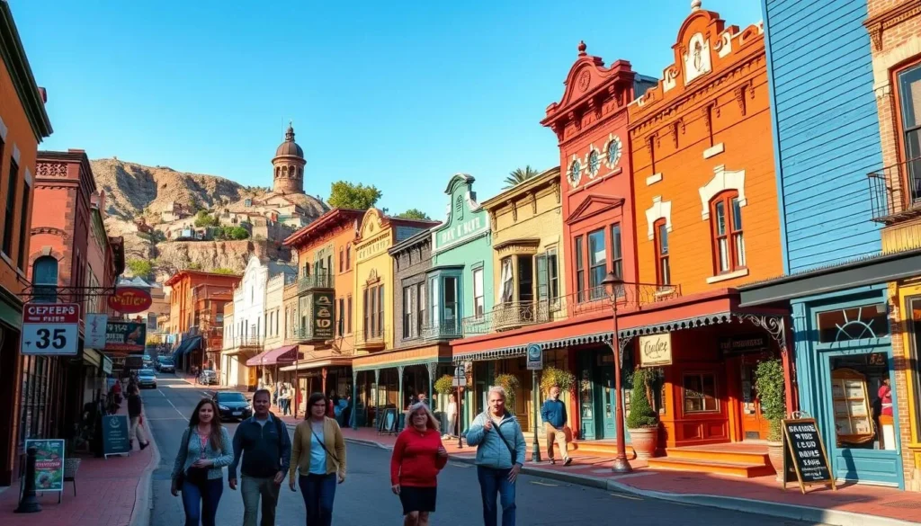 Historic downtown Bisbee, Arizona with its colorful Victorian buildings built on hillsides Historic downtown Bisbee, Arizona with its colorful Victorian buildings built on hillsides
