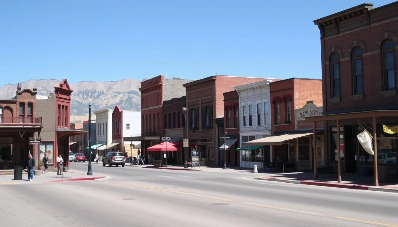 Historic-downtown-Eureka-Nevada-with-well-preserved-19th-century-buildings-along-the-main Historic downtown Eureka, Nevada with well-preserved 19th century buildings along the main street on a sunny day