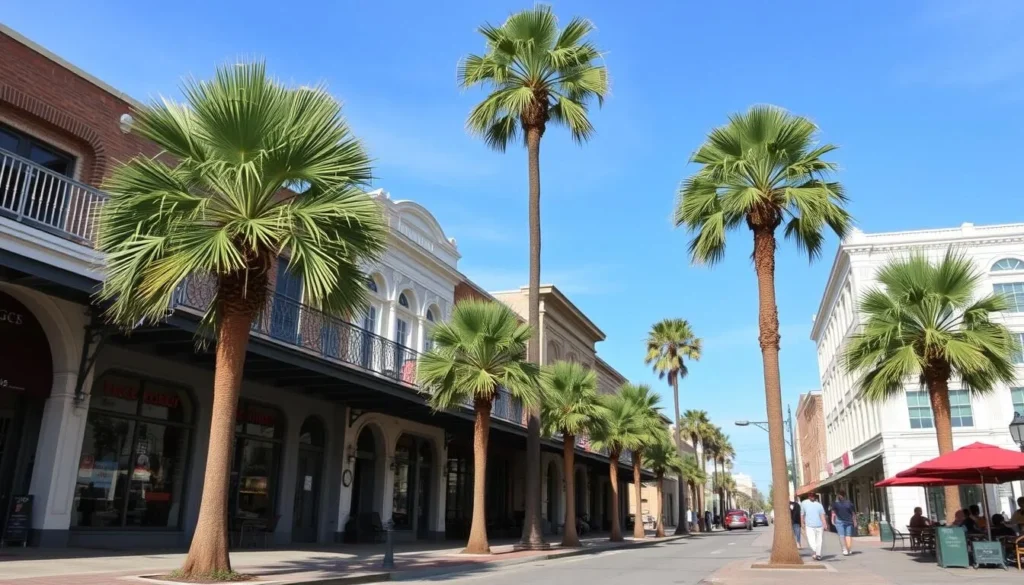 Historic downtown Lake Charles with traditional architecture and palm trees