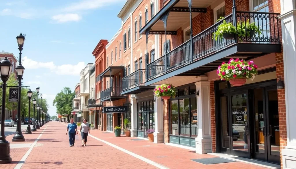 Historic downtown Natchitoches with brick streets and traditional architecture