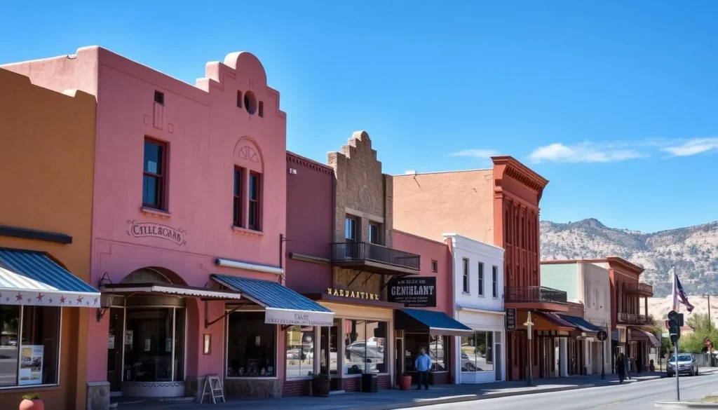 Historic downtown Silver City with colorful adobe buildings Historic downtown Silver City with colorful adobe buildings