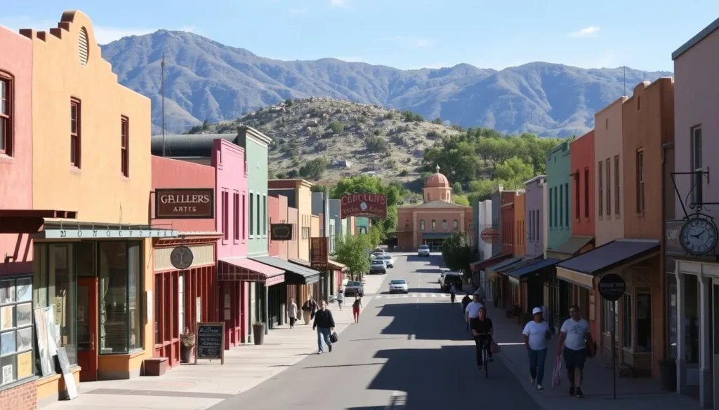 Historic downtown Silver City with colorful adobe buildings and mountain backdrop