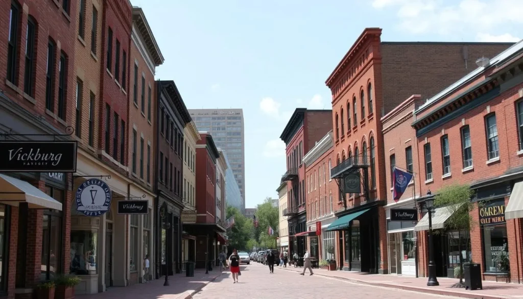 Historic downtown Vicksburg with brick buildings and shops Historic downtown Vicksburg with brick buildings and shops