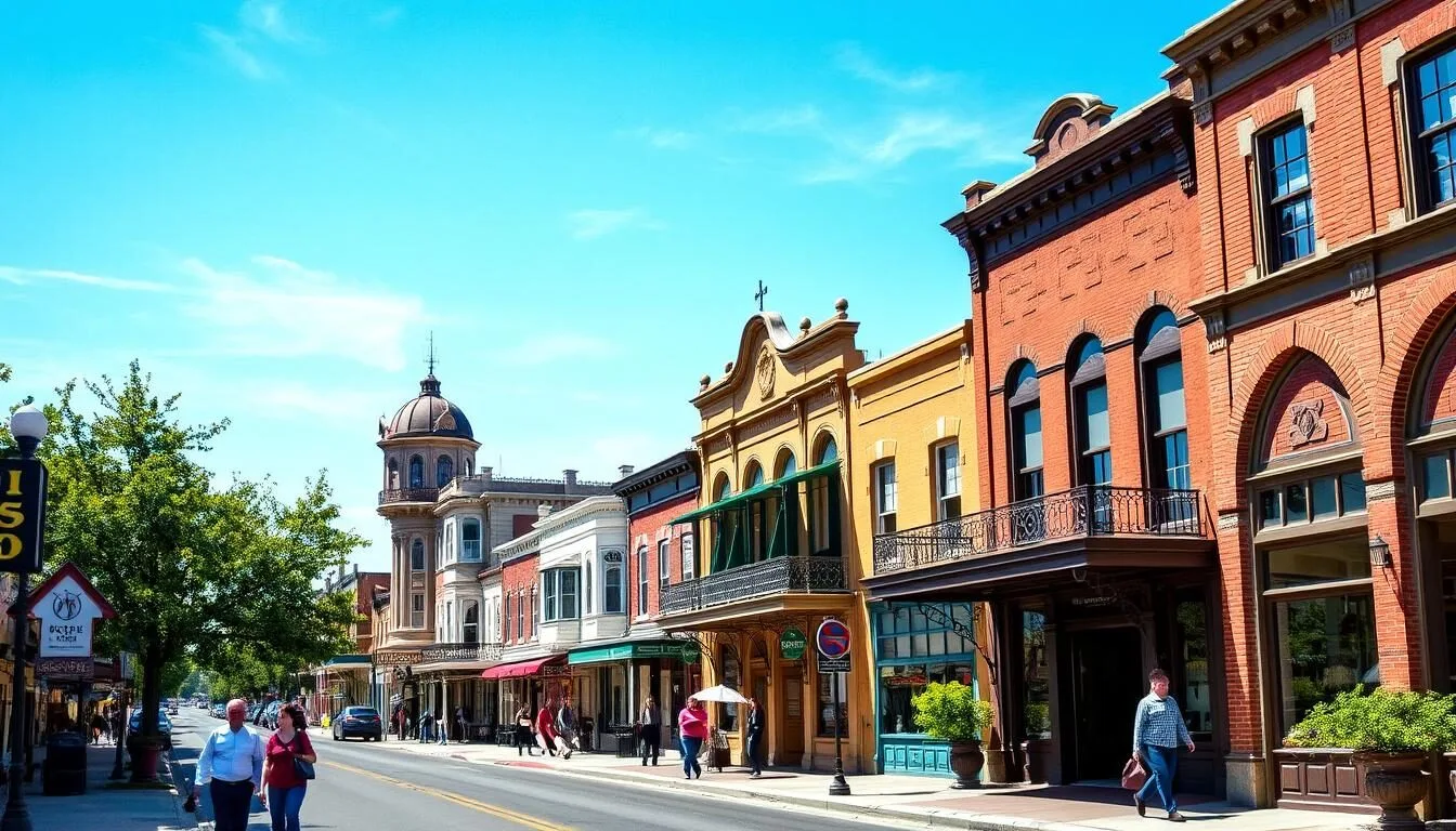 Historic downtown Woodland with the Opera House visible on a sunny day