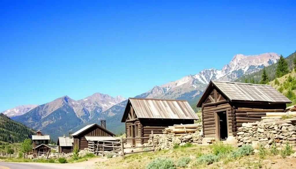 Historic mining ruins along Engineer Pass Road with mountain backdrop Historic mining ruins along Engineer Pass Road with mountain backdrop