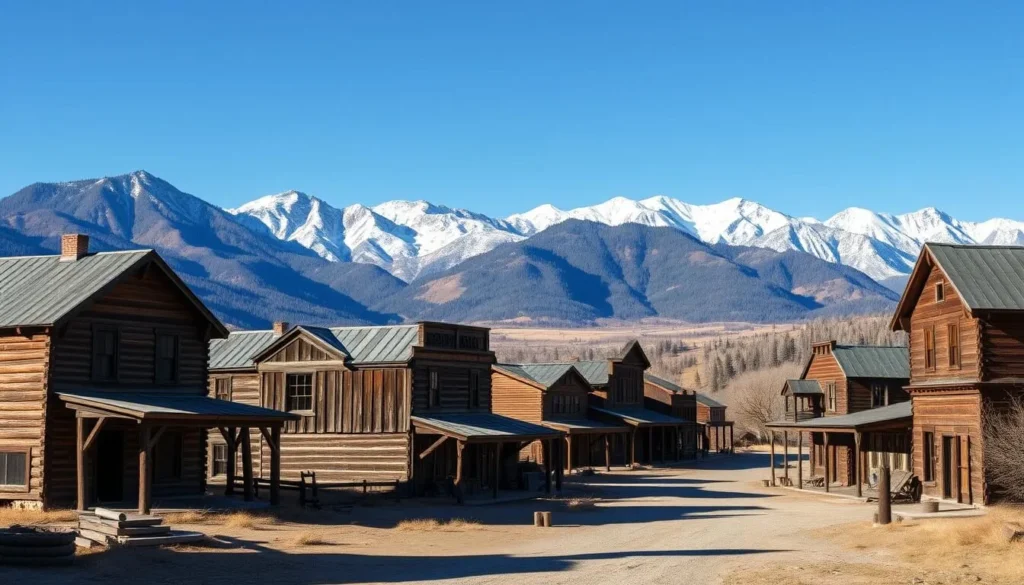 Historic mining structures in Howardsville with mountain backdrop