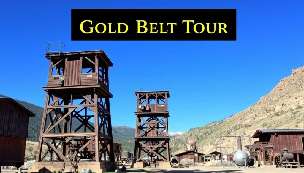 Historic mining structures in Victor along the Gold Belt Tour Backcountry Roads Colorado with mountain backdrop Historic mining structures in Victor along the Gold Belt Tour Backcountry Roads Colorado with mountain backdrop