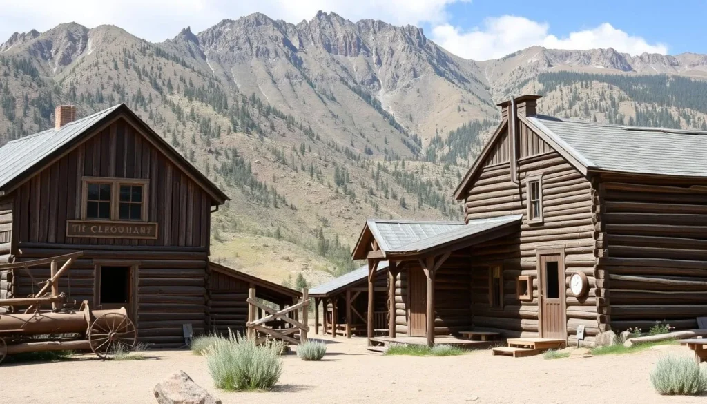 Historic mining structures near the Colorado Trail with mountains in the background