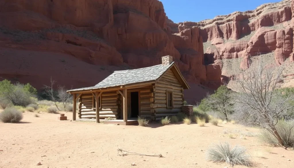 Historic pioneer cabin in Escalante Canyon with red rock backdrop Historic pioneer cabin in Escalante Canyon with red rock backdrop