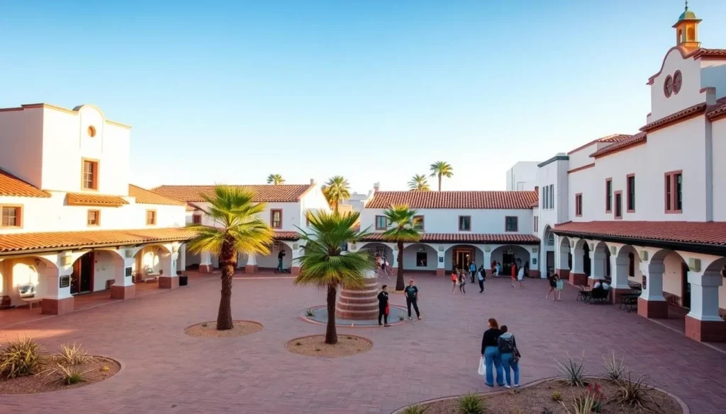 Historic plaza in Ajo, Arizona with Spanish Colonial Revival architecture
