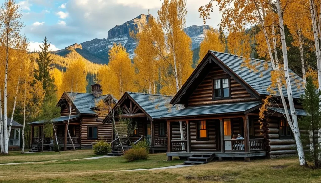 Historic wooden cabins in Crystal Colorado surrounded by aspen trees and mountains