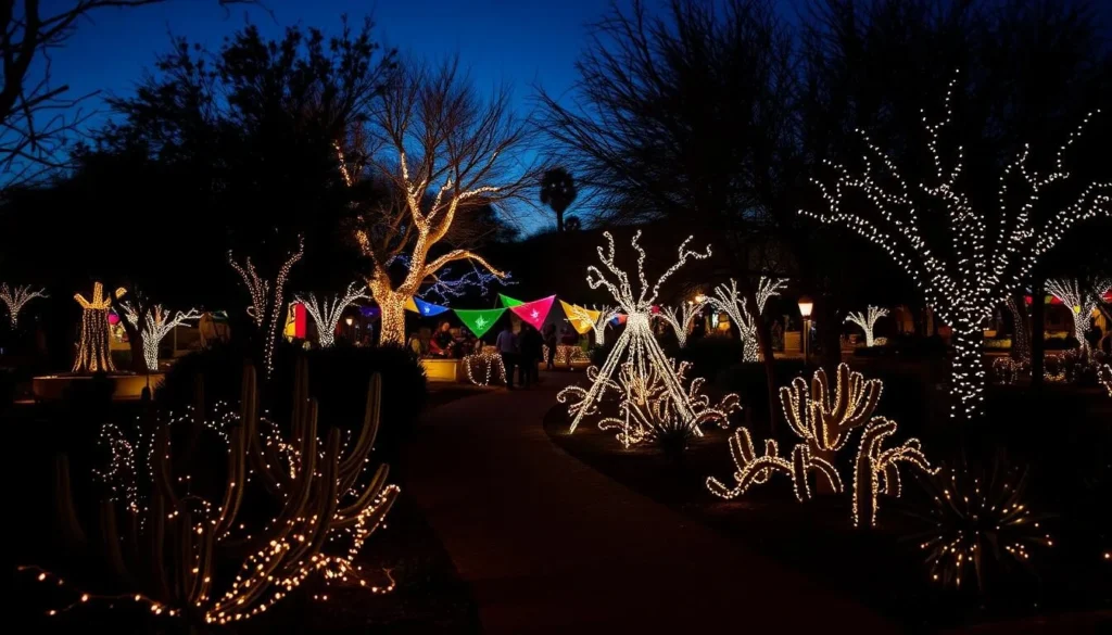 Holiday Nights festival at Tohono Chul Park showing gardens illuminated with thousands of twinkling lights
