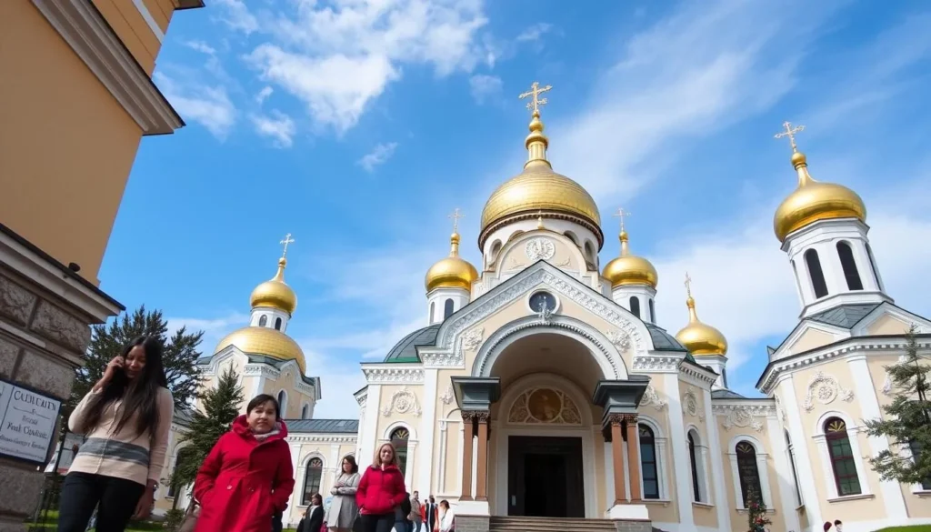 Holy Trinity Cathedral in Magadan with its golden domes against a blue sky