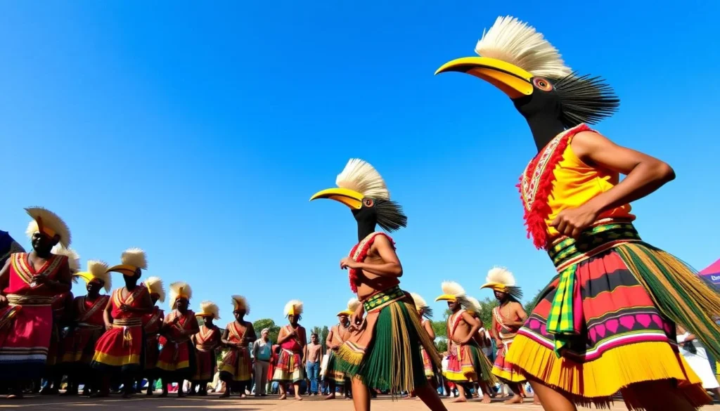 Hornbill Festival celebration in Nagaland with tribal dancers in traditional attire performing under clear blue skies