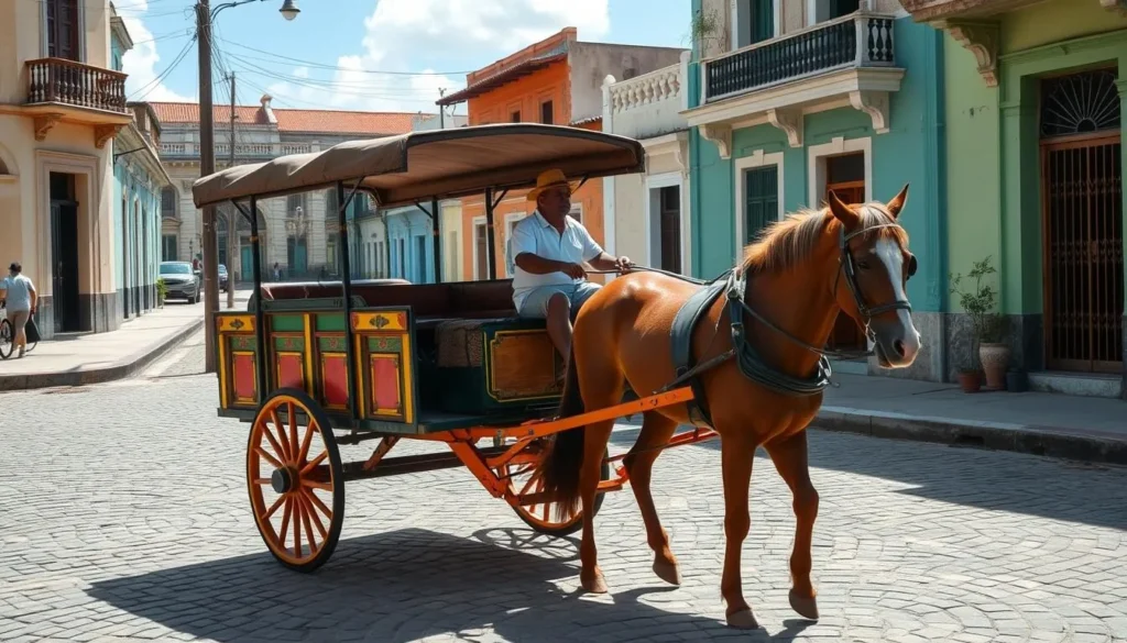 Horse-drawn carriage in Yaguajay, Cuba with a local driver and colorful carriage