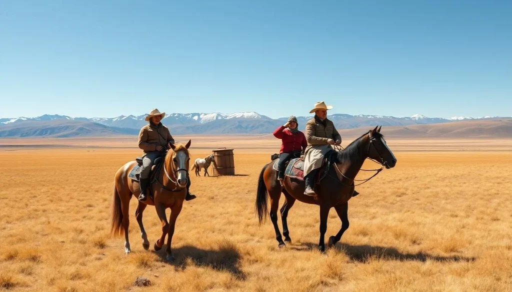 Horseback riding across the Tuvan steppe landscape Horseback riding across the Tuvan steppe landscape