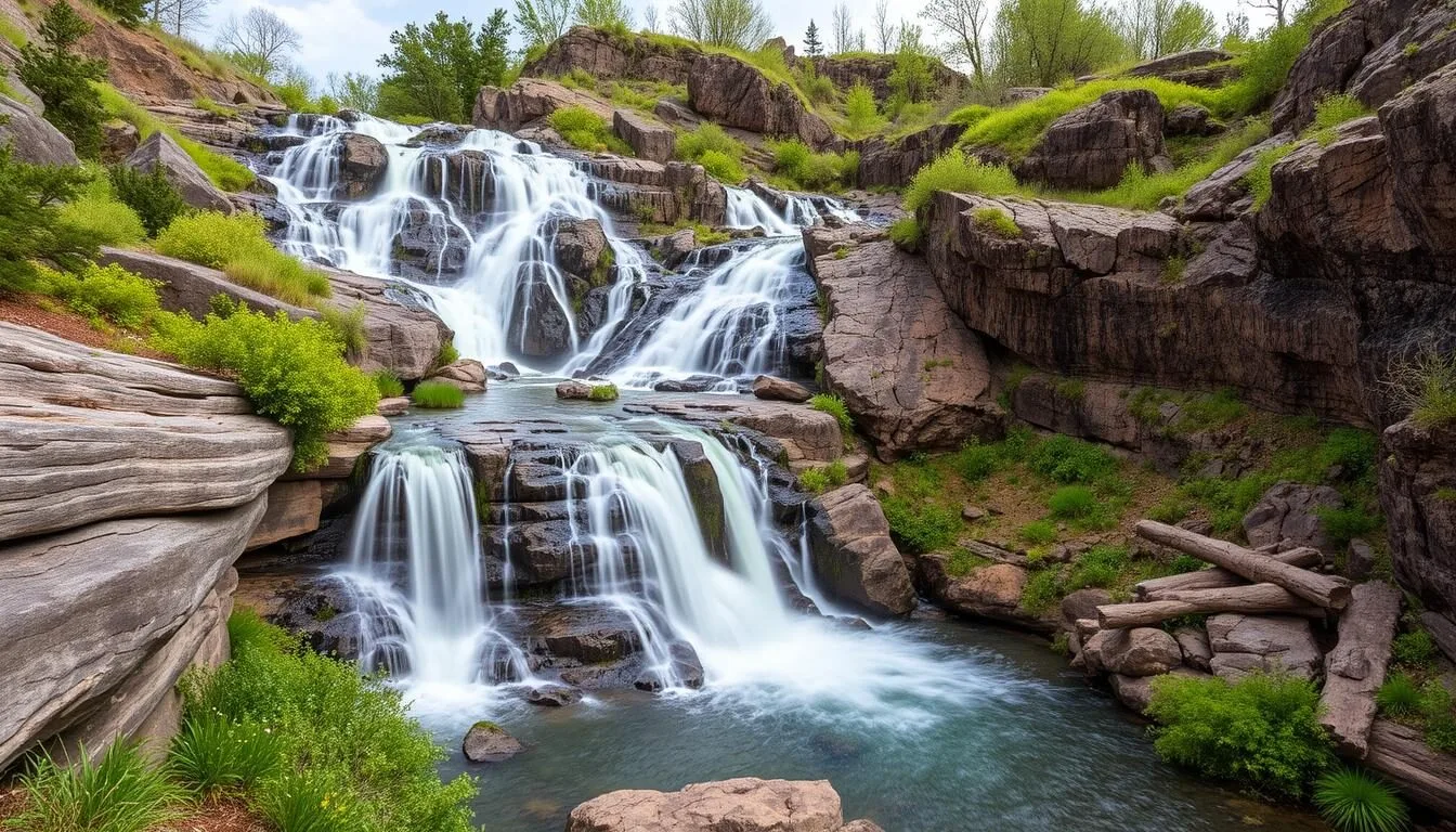 Horsetooth Falls cascading down rocky terrain with lush greenery surrounding the waterfall in Colorado