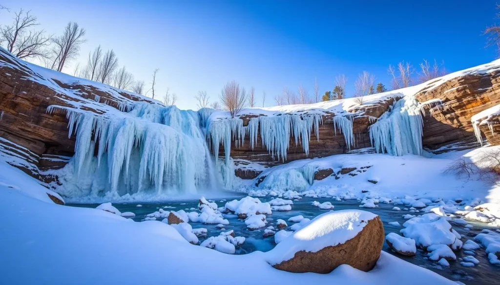 Horsetooth Falls in winter with frozen cascades and snow-covered surroundings showing the best things to do in Colorado