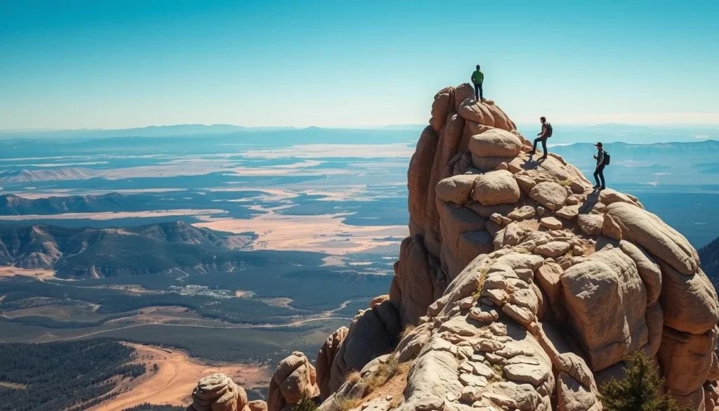 Horsetooth Rock formation with hikers enjoying the view from the summit in Colorado