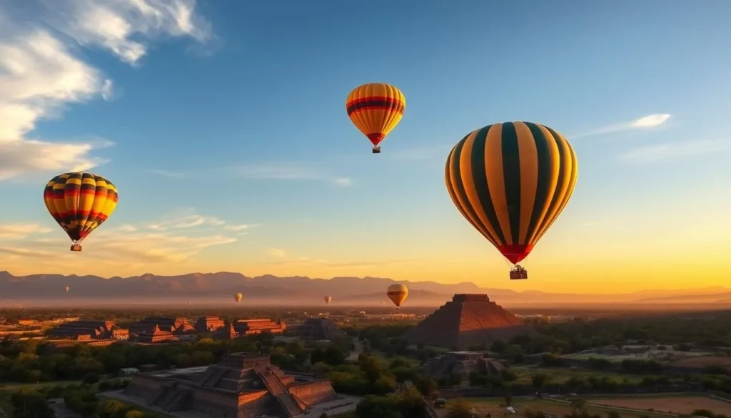 Hot air balloons floating over Teotihuacan at sunrise with pyramids visible below