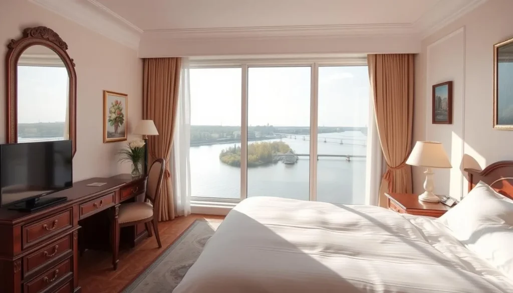 Hotel room interior in Saratov with view of the Volga River Hotel room interior in Saratov with view of the Volga River