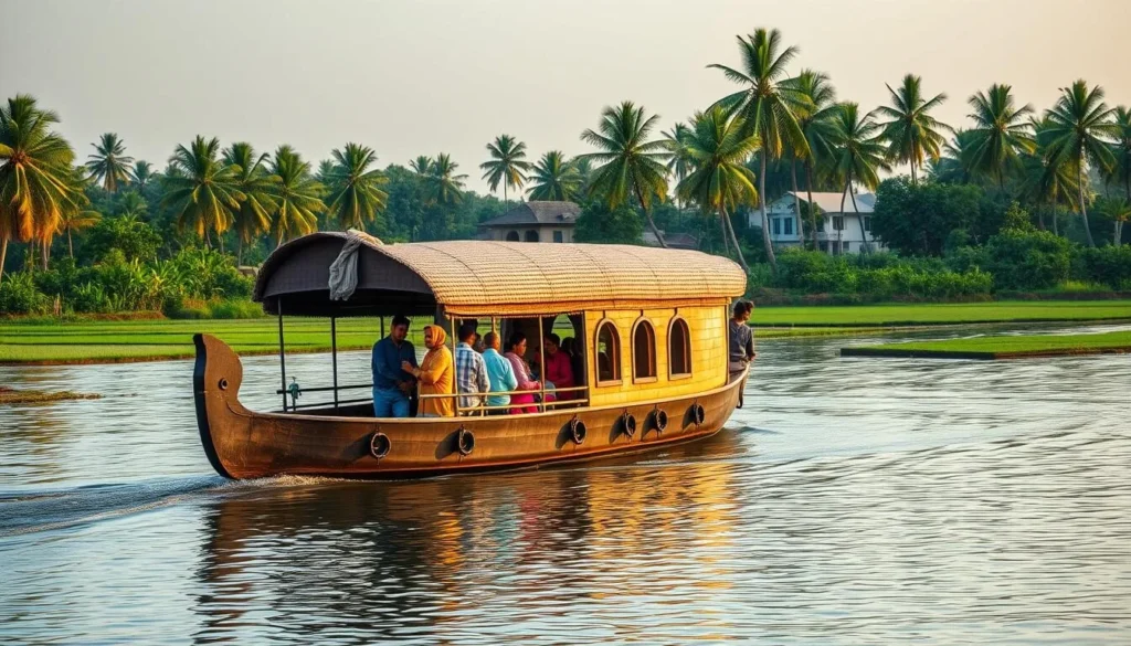 Houseboat cruising through Kerala backwaters with palm trees and rice paddies, near Karnataka India