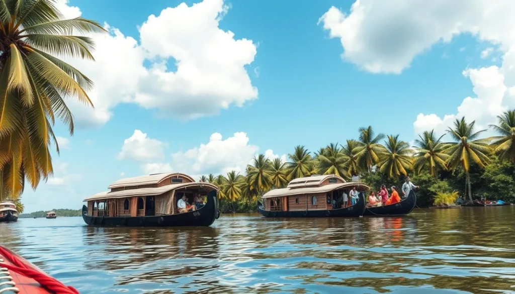 Houseboats on Kerala backwaters with palm trees and lush greenery
