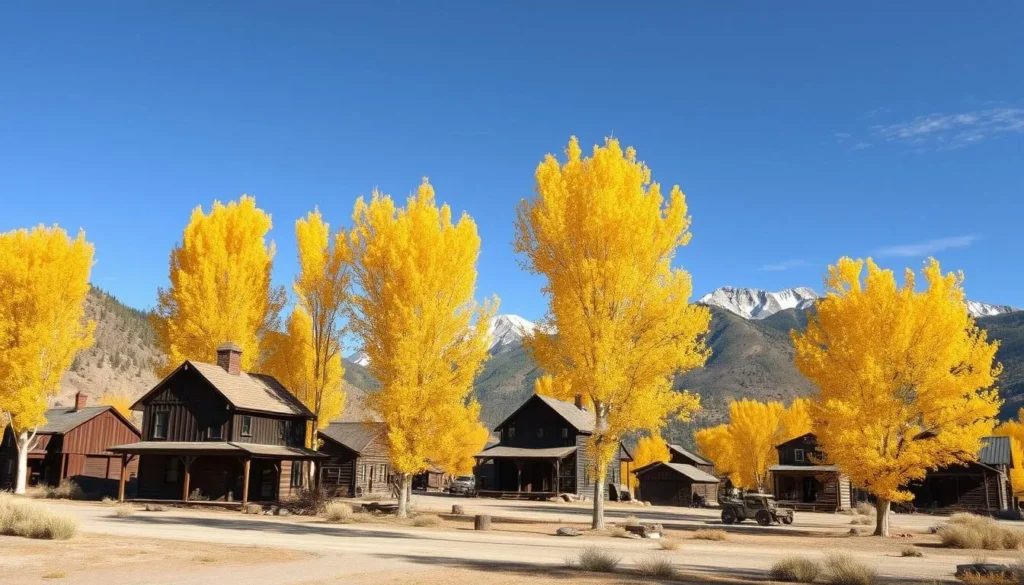 Howardsville in autumn with colorful aspen trees and historic mining structures
