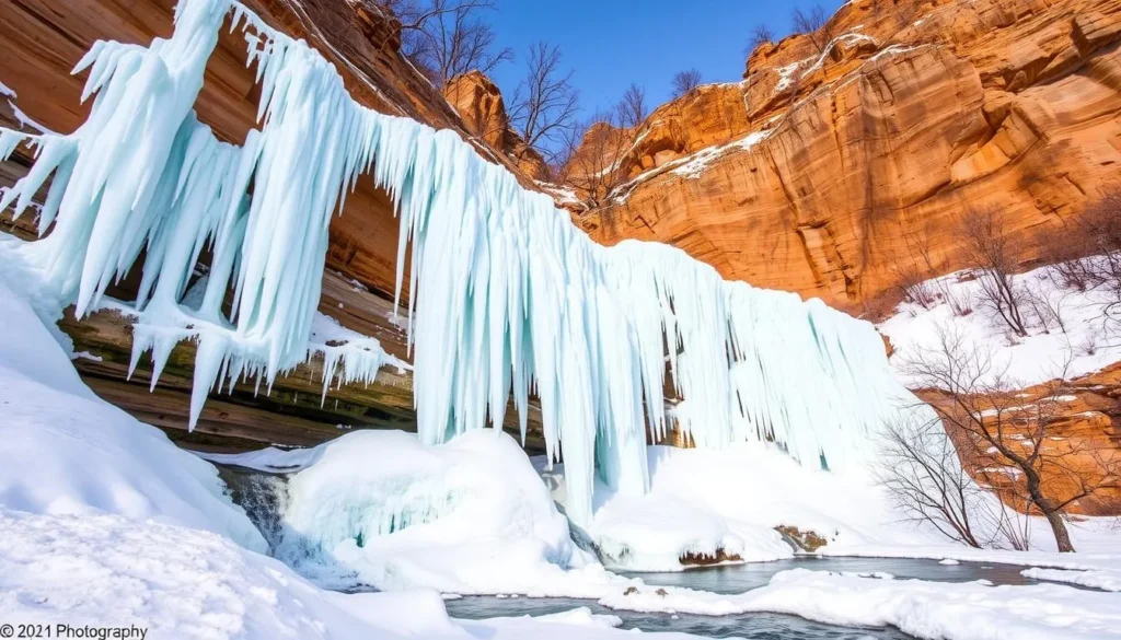 Ice formations on frozen waterfall in winter at Starved Rock State Park Ice formations on frozen waterfall in winter at Starved Rock State Park