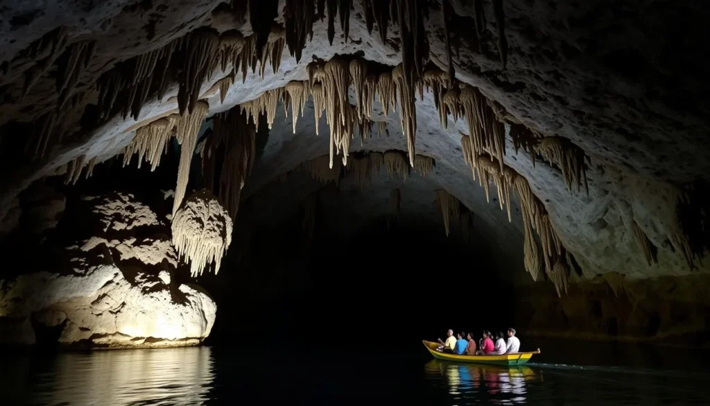 Inside Cueva del Indio showing stalactites and the underground river where boat tours operate