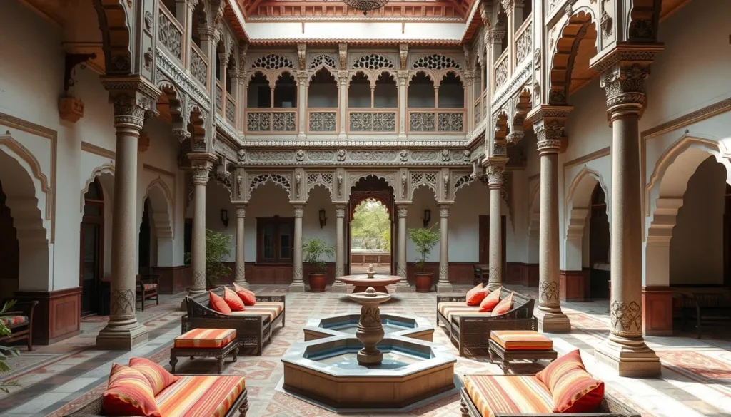 Interior courtyard of a heritage hotel in Rajasthan with traditional architecture, fountains and comfortable seating areas
