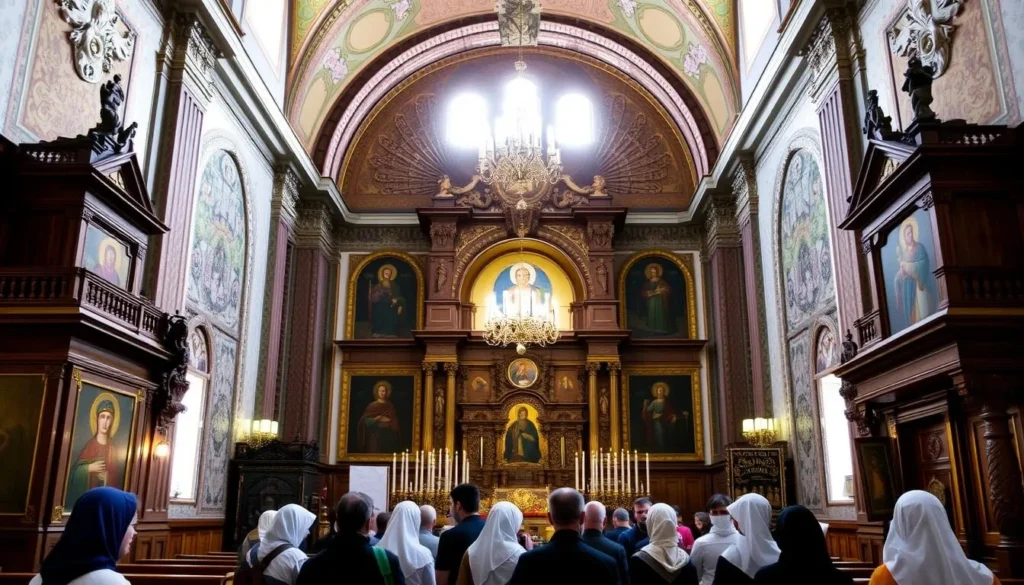 Interior of Iversky Monastery in Samara showing traditional Russian Orthodox architecture