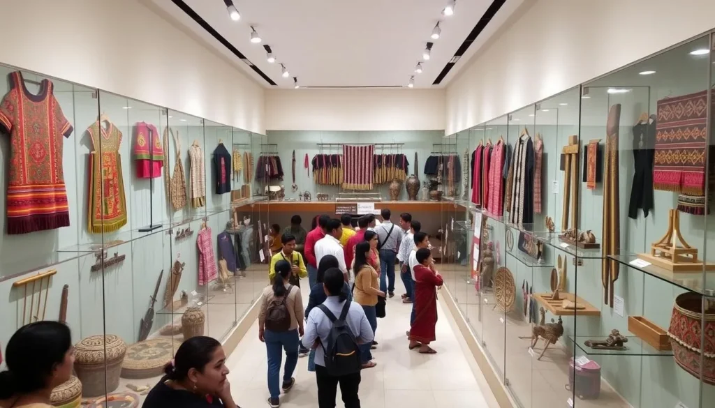 Interior of Jawaharlal Nehru State Museum in Itanagar displaying tribal artifacts and traditional costumes