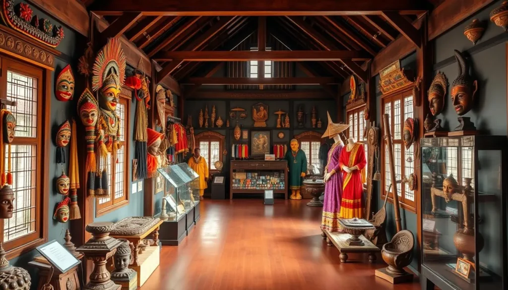 Interior of Kerala Folklore Museum showing traditional artifacts, masks and costumes