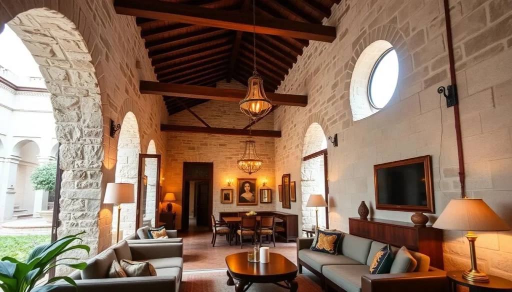 Interior of a boutique hotel in Puebla showing colonial architecture with modern amenities