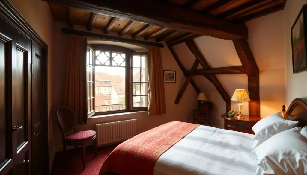 Interior of a charming hotel room in Rothenburg with traditional decor and wooden beams