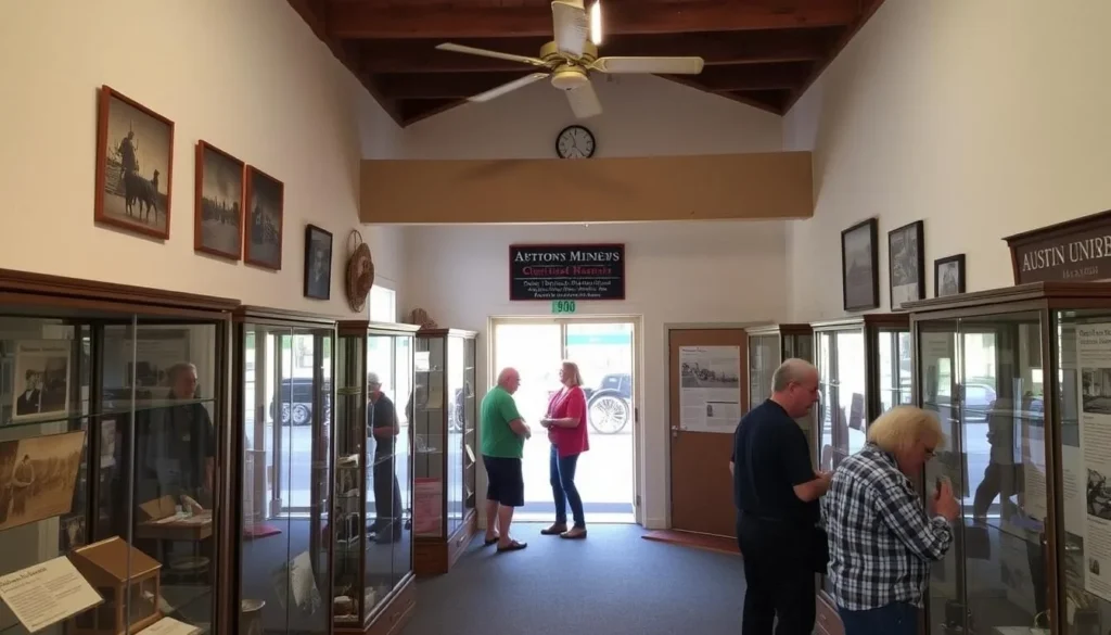 Interior of a small historical museum in Austin showing mining artifacts and displays