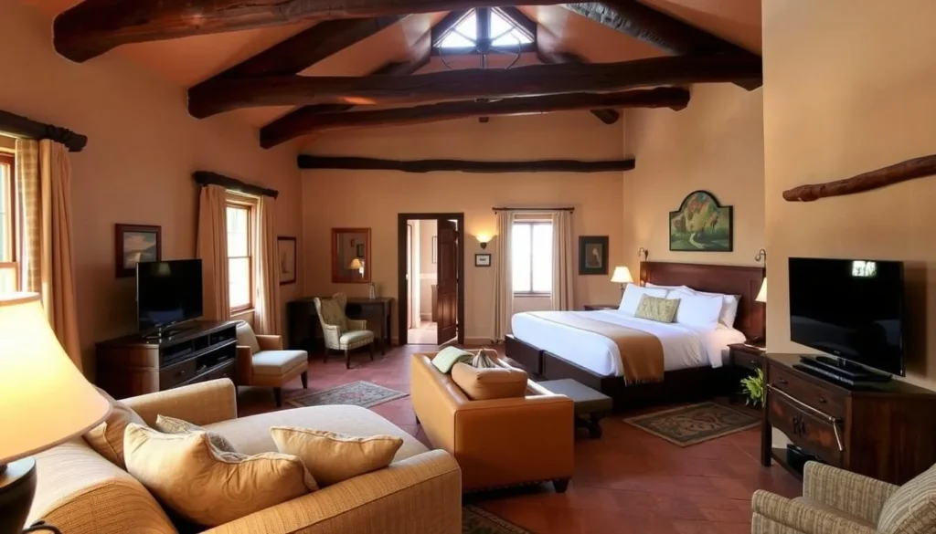 Interior of a suite at Ojo Caliente resort showing southwestern decor, adobe walls, and comfortable furnishings Interior of a suite at Ojo Caliente resort showing southwestern decor, adobe walls, and comfortable furnishings