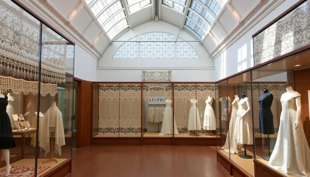 Interior of the Calais Museum of Lace and Fashion showing lace displays and fashion exhibits